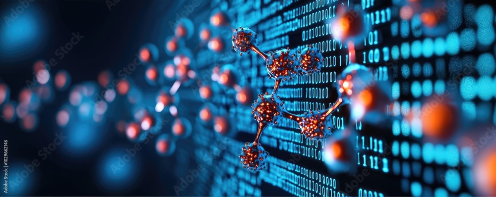 Poster Abstract representation of molecular structures with digital data, symbolizing innovation in science and technology.