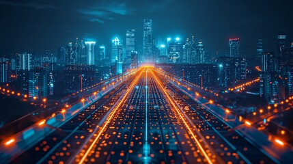 Fototapeta premium Futuristic Cityscape with Illuminated Road Perspective