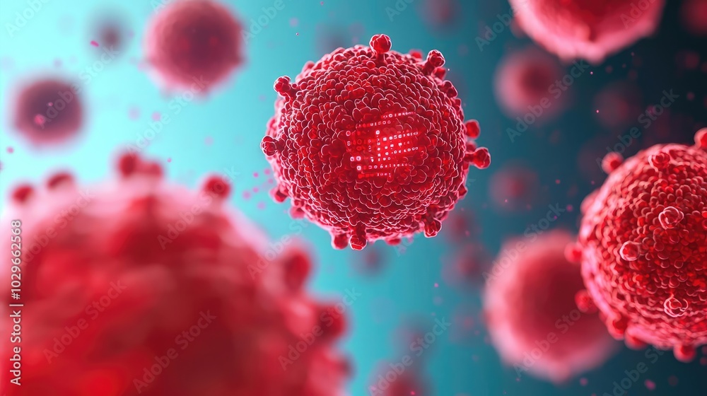 Aufkleber close-up of a vibrant red virus, depicting intricate details and structures in a microscopic view. p