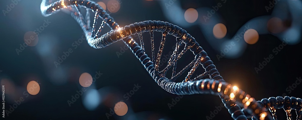 Poster Close-up view of a DNA strand glowing in the dark, showcasing the intricate structure of genetic material and modern science.