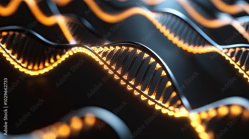 Poster close-up view of glowing dna strands with vibrant light effects, showcasing the beauty of genetic st