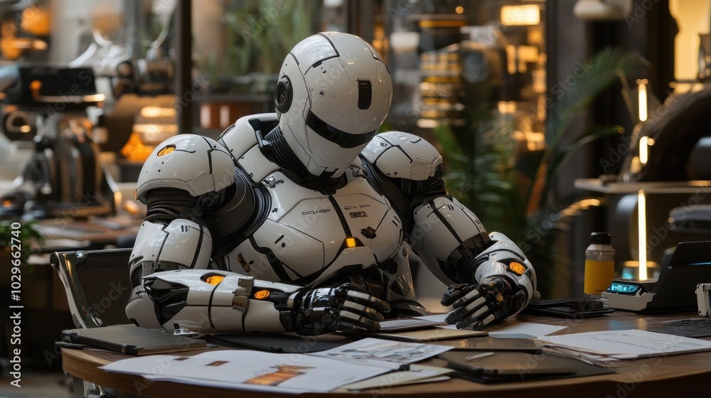 Poster a humanoid robot dressed in white armor sitting at a desk