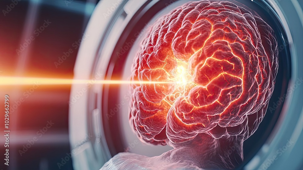 Poster a close-up of a human brain with glowing neural pathways, representing advanced technology and innov