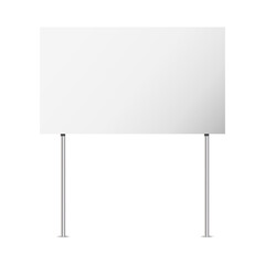 Obraz premium Rectangular white sign on a metal pole. Blank white surface with no texture. Silver round vertical pole.