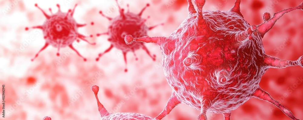 Aufkleber Close-up view of viral particles in a red environment, illustrating the complexity and scale of microorganisms in biology.