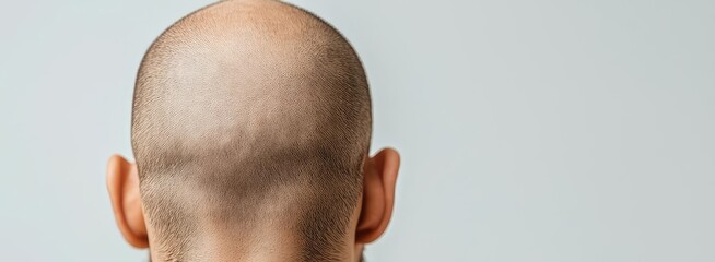 Naklejka premium A close-up view of a bald man's head with a syringe, highlighting themes of healthcare and vaccination.
