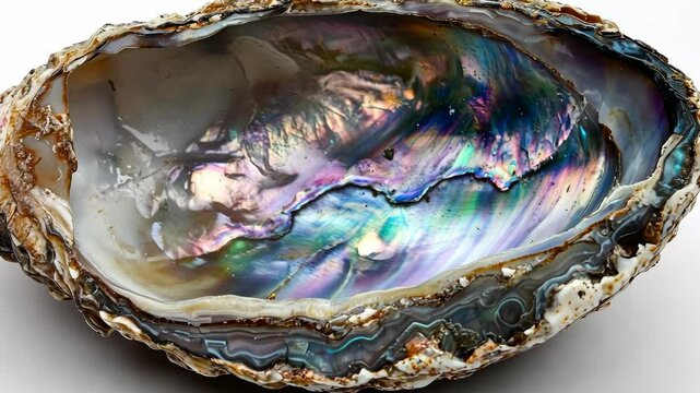 A close-up view of a large abalone shell, with iridescent colors reflecting off the inner surface