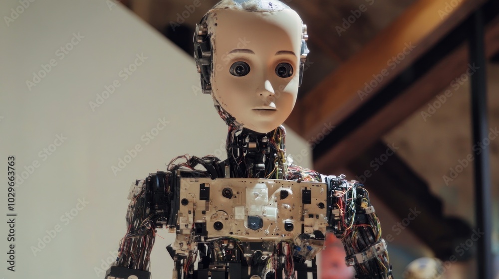 Aufkleber Close-up of a Humanoid Robot's Exposed Internal Mechanisms
