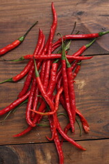 Top View Red Chili on Wooden background. 