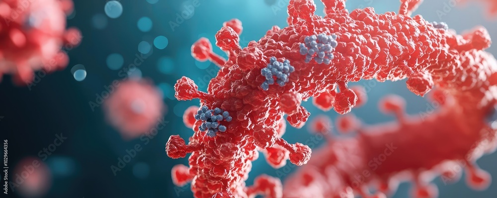 Poster Close-up view of a virus structure highlighting its unique features and details, showcasing scientific discovery and healthcare impact.