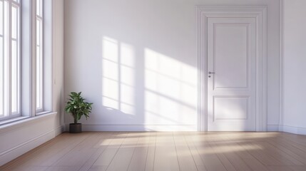 Fototapeta premium A minimalist room with a potted plant and white door, bathed in natural sunlight.