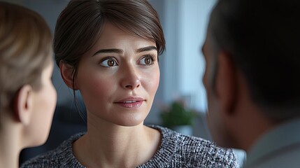 Fototapeta premium A thoughtful woman engaged in an emotional conversation with two individuals.