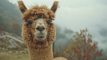 Obraz premium Alpaca Portrait in Foggy Landscape
