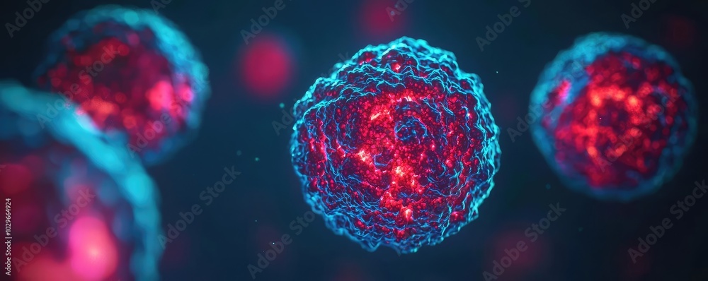 Poster Abstract representation of vibrant cells, showcasing glowing structures, ideal for science and biology concepts.