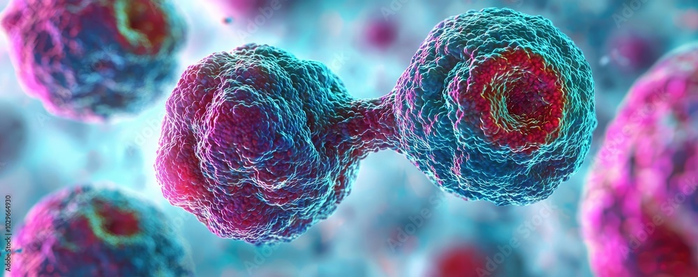 Poster a vivid portrayal of cell division, showcasing the intricate structures and vibrant colors of biolog