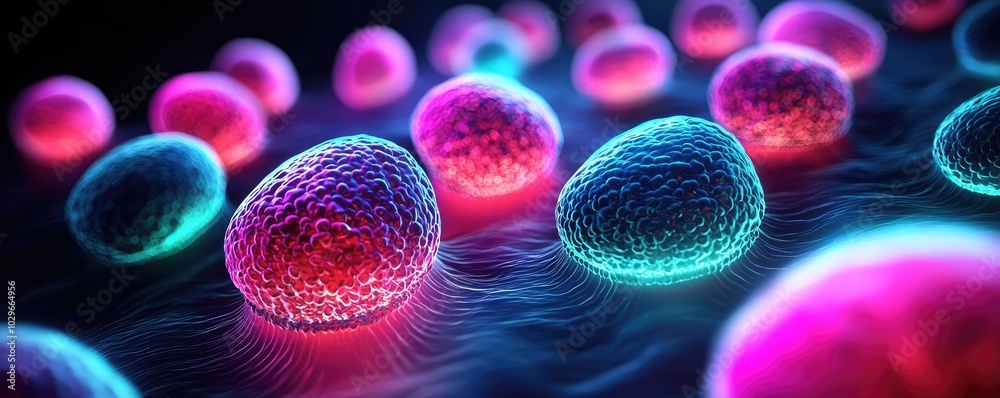 Poster Vibrant and colorful microscopic view of cellular structures in a biological setting, showcasing intricate details and patterns.