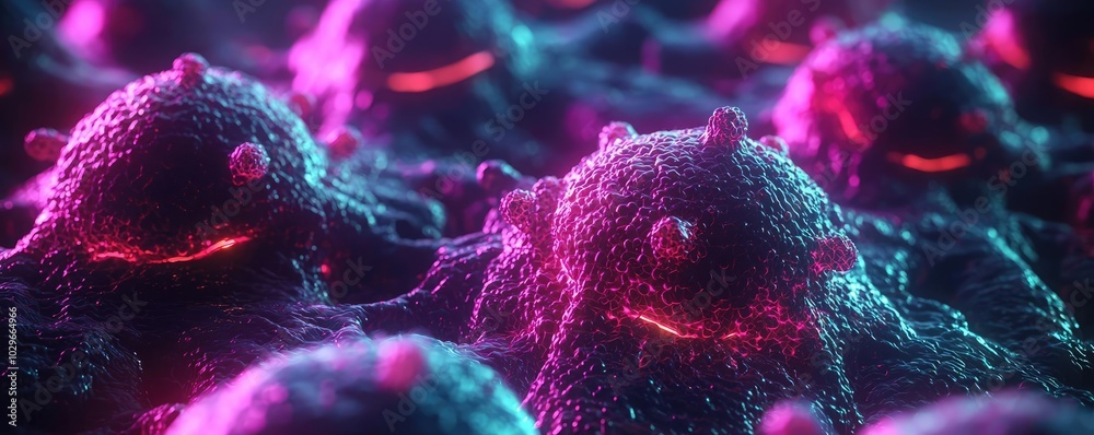 Poster futuristic microscopic view of colorful cellular structures in vibrant purple and blue hues.