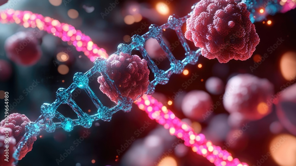 Poster Detailed visualization of DNA structure and cellular elements, showcasing the intricate processes of genetics and biology.
