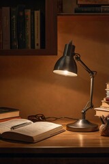 A Table lamp that is on a table with books and a plant on it.