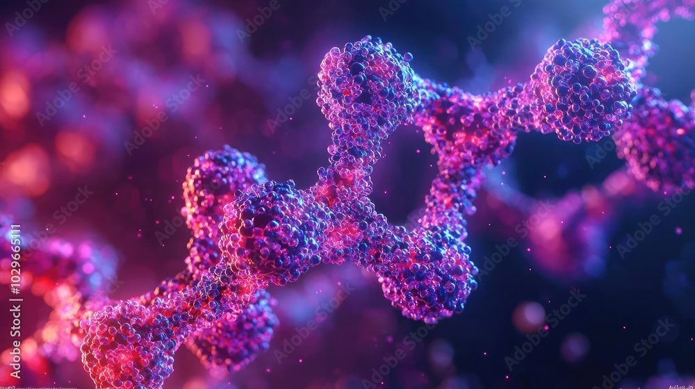 Poster abstract molecular structure with vibrant colors on a dark background, showcasing modern biotechnolo