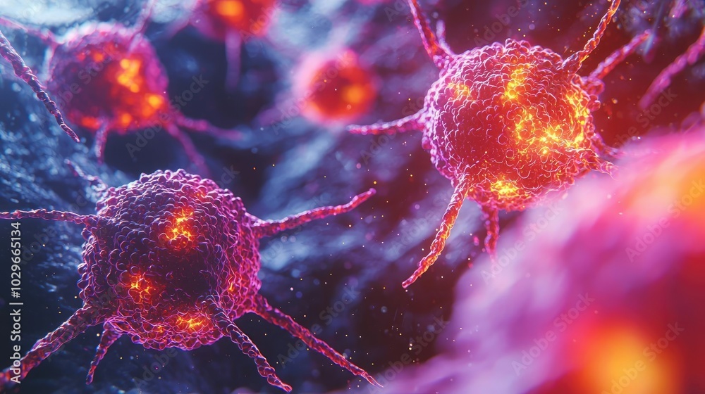 Aufkleber Close-up view of colorful cells with glowing particles, showcasing intricate structures and patterns in a microscopic world.