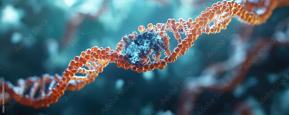 Poster Close-up of a DNA double helix structure with vibrant colors on a blurred background.
