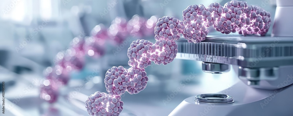 Poster a close-up view of dna strands under a microscope, showcasing intricate details of molecular biology