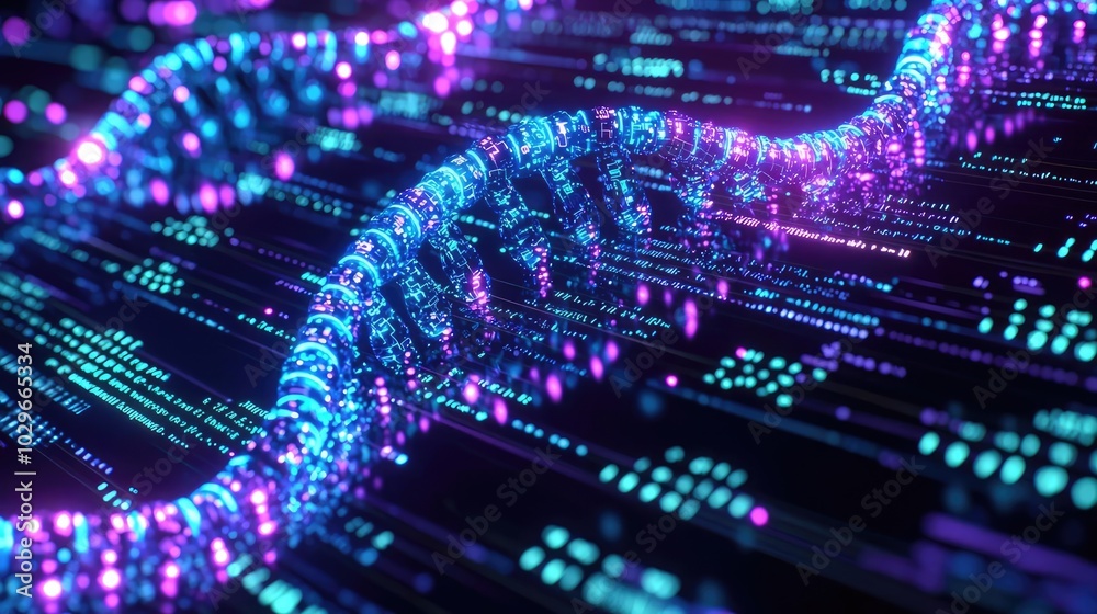 Poster Abstract digital representation of DNA strands with glowing data points against a dark background.