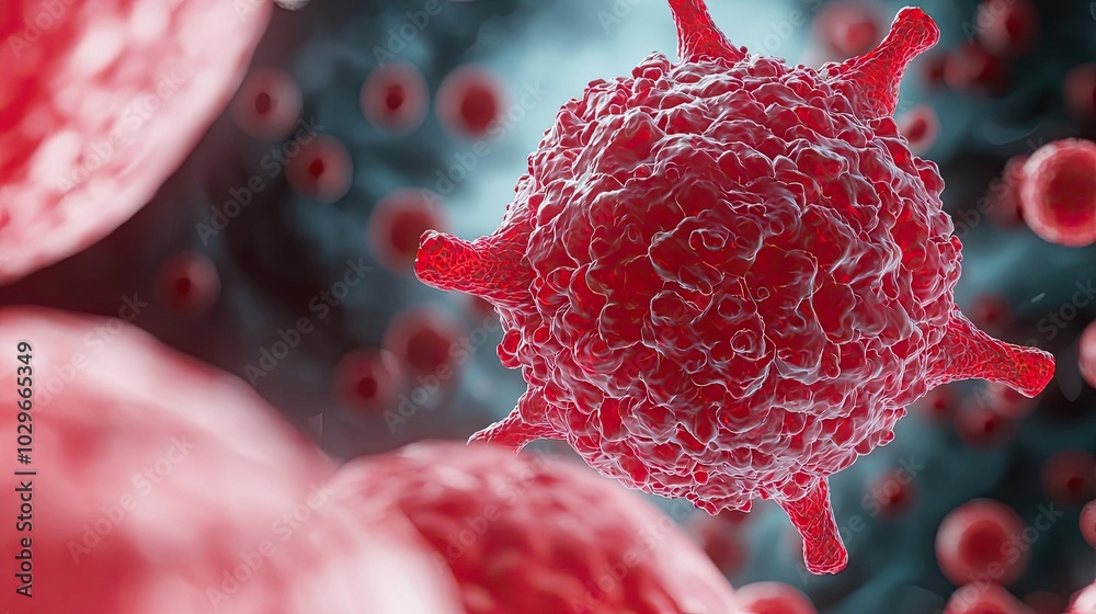 Poster Close-up view of a virus cell showcasing its structure and texture, highlighting the intricate details of microscopic life.