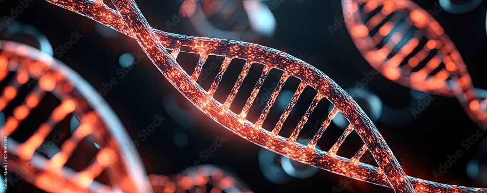 Poster A vibrant representation of DNA strands showcasing the elegance of genetic code in a captivating scientific environment.