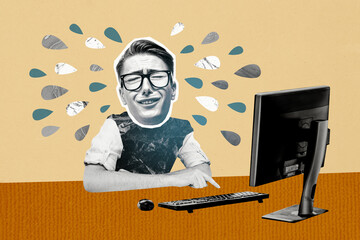 Composite trend artwork sketch image photo collage of workspace young man office manager cry tired...