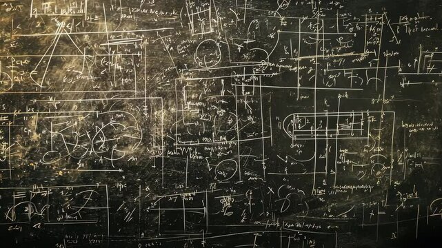 A blackboard filled with handwritten equations and diagrams, a testament to the work of a dedicated student or professor