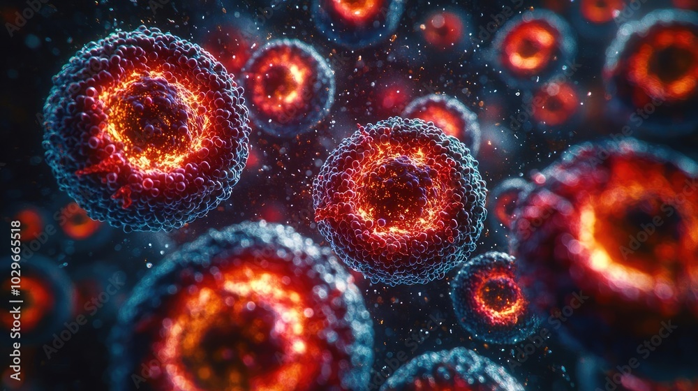 Poster close-up of vibrant, microscopic cells with intricate details on a dark background.