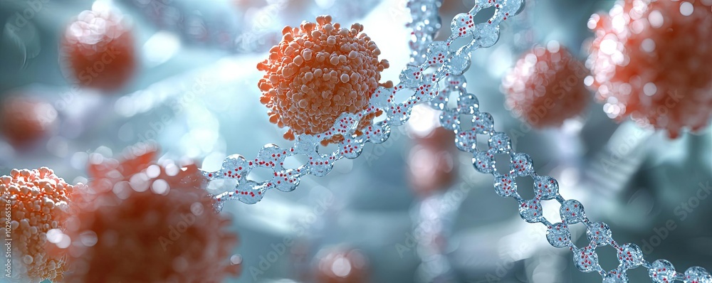 Poster Close-up of virus structures interacting with DNA strands on a soft blue background.