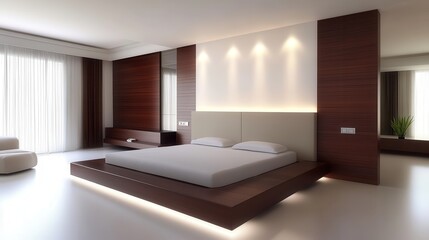 Fototapeta premium Sleek minimalist bedroom with wooden accents and soft lighting, featuring a platform bed and large windows.