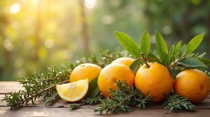 Green willow branches, palm branches, citrus fruits on a white wooden background. The concept of the Sukkot holiday. A copy space. top view