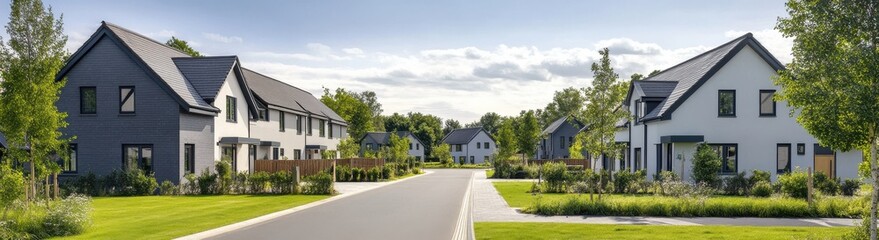 A peaceful suburban neighborhood with modern houses and lush greenery under a clear sky.