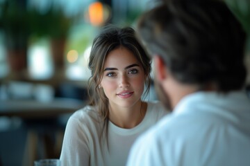 Young Woman Engaged in a Friendly Conversation in a Casual Caf&eacute; Setting, Representing Connection and Inclusivity