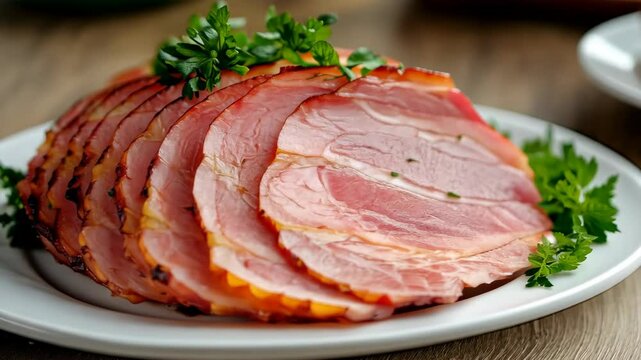 A close-up of a sliced glazed ham on a white plate, garnished with parsley