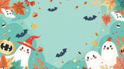 A Halloween themed background with ghosts, bats, and candy canes