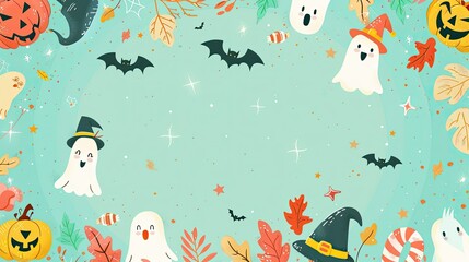 A Halloween themed background with ghosts, bats, and candy canes