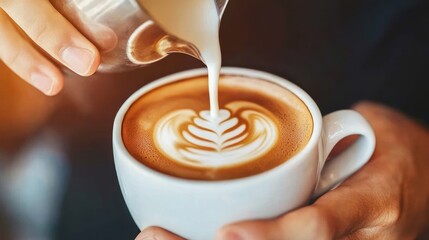 Latte Art Creation with Pouring Milk into a Cup
