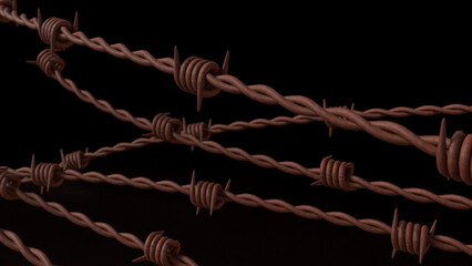 The rusty barbed wire on black Background for abstract or war concept 3d rendering..