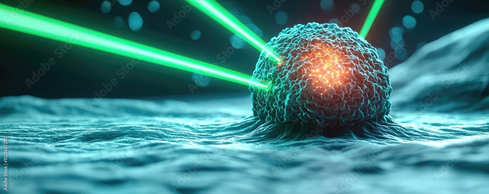 Poster microscopic view of a cell with laser focus, showcasing biomedical technology.