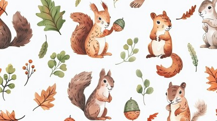 A series of squirrels are sitting on leaves and acorns