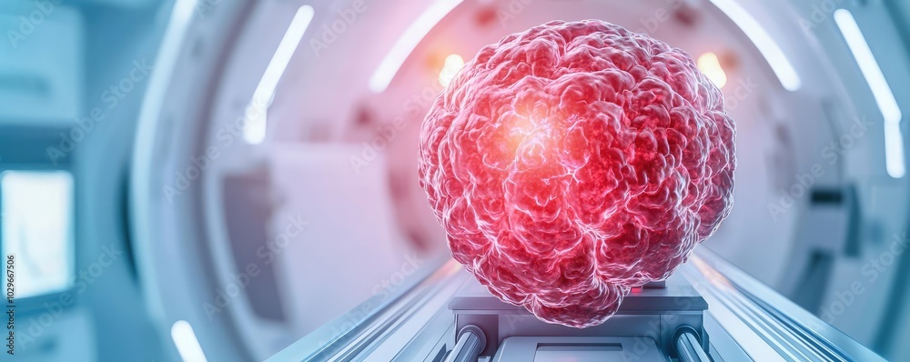 Poster detailed red brain model in a futuristic laboratory environment.