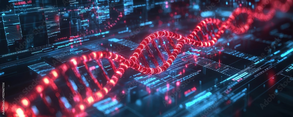 Poster stylized dna helix design over a digital background with glowing effects.