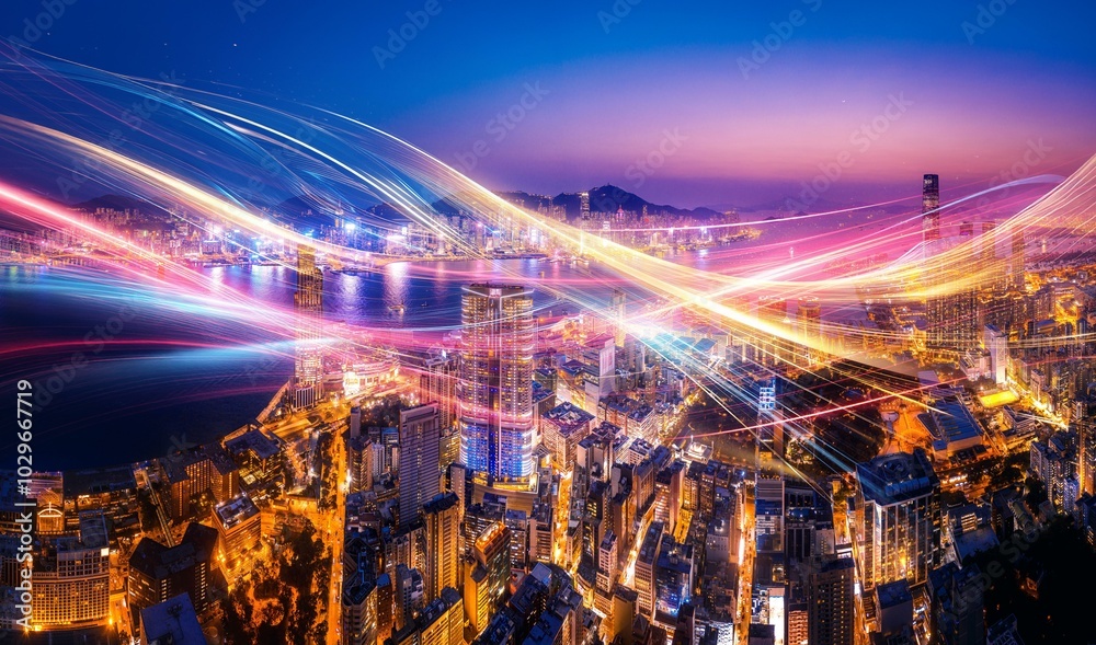 Wall mural Aerial view of Hong Kong skyline at night with vibrant light trails in the sky.