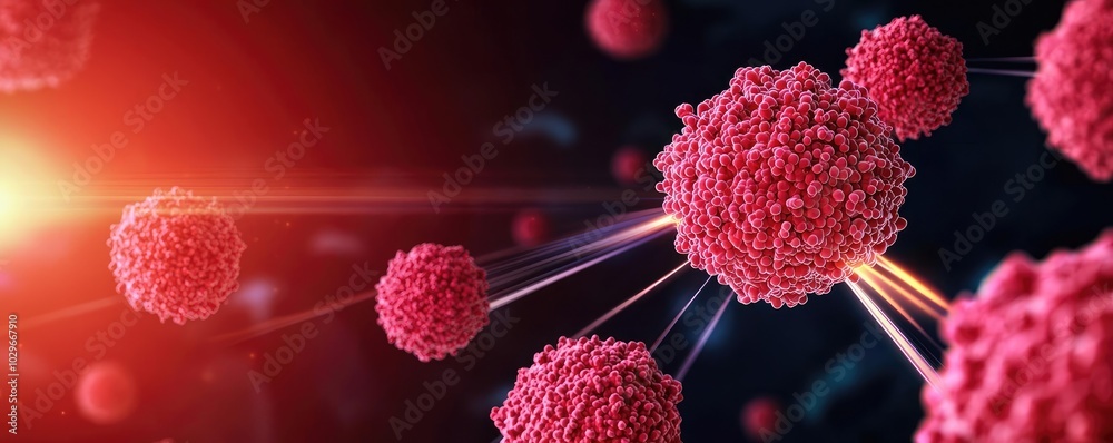 Poster microscopic view of red cells with glowing particles, dark background.