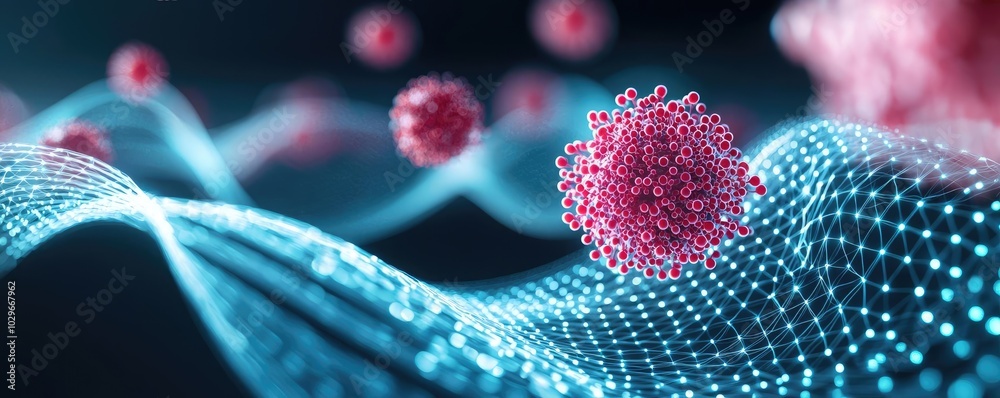 Poster Abstract representation of viruses in digital space with colorful particles.